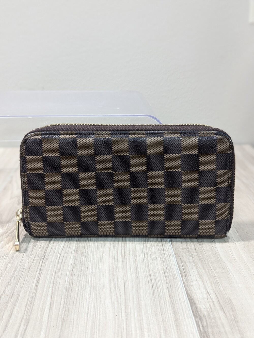 Brown Gold Checkered Zip-Around Long Wallet Checkerboard